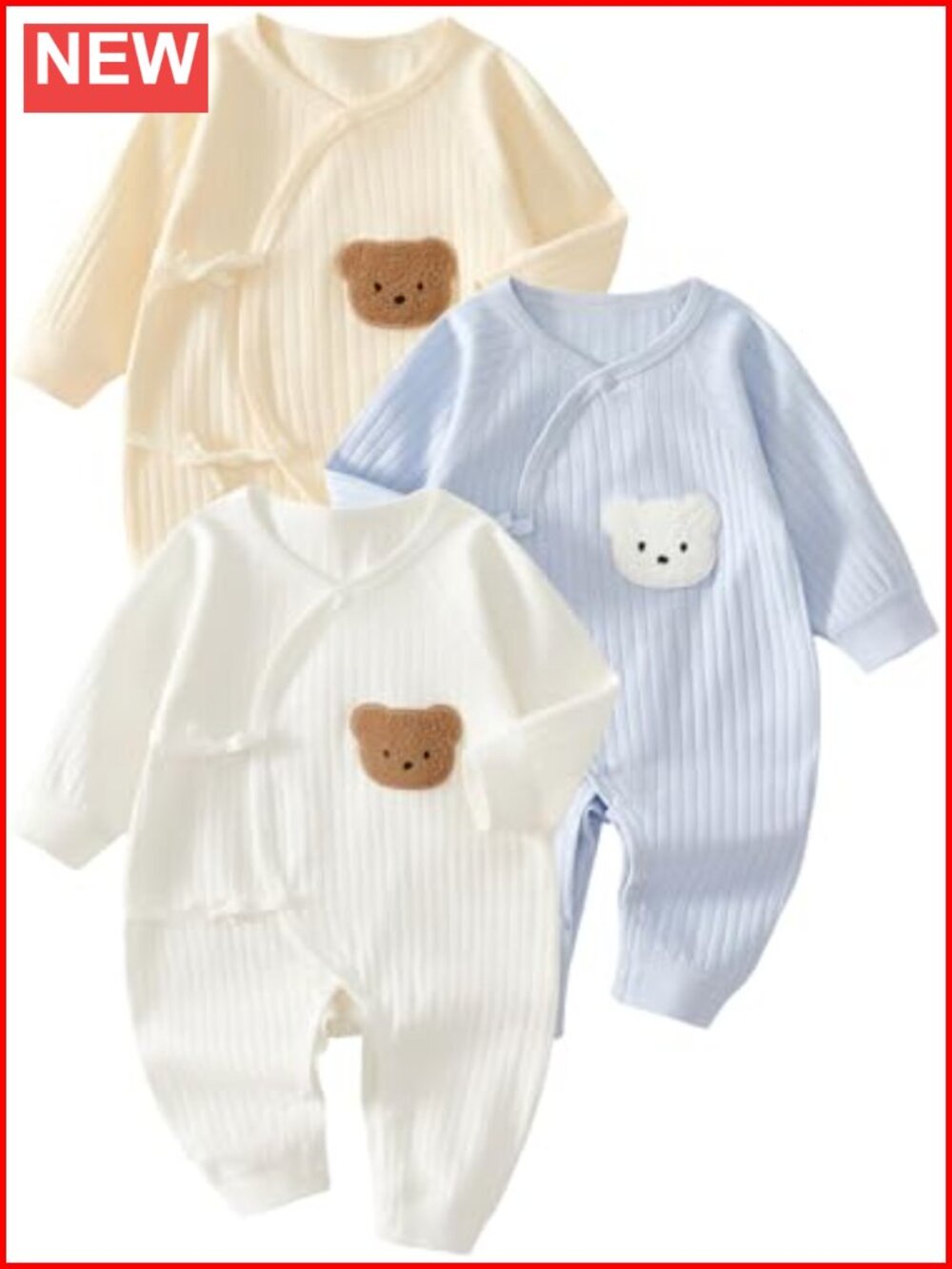 100% Cotton Baby Unisex Romper 3-Pack Long Sleeve Button Bodysuit